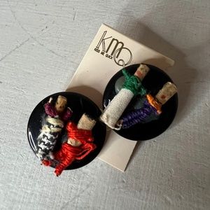 Vintage Worry Doll Earrings Post Round Disc Inca Peru Guatemala Jewelry Boho